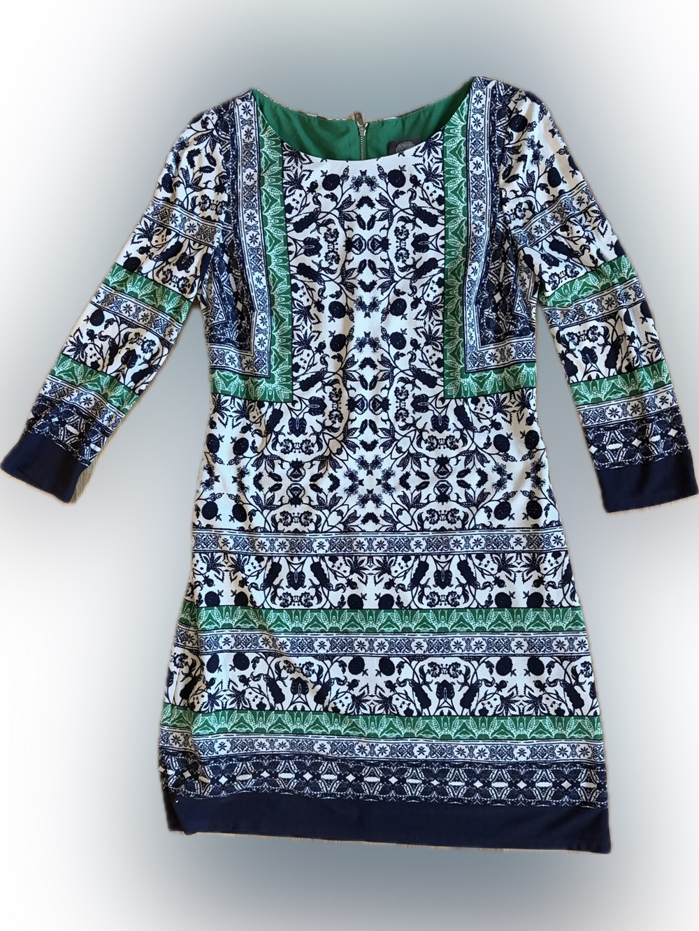 Vince Camuto Navy, Green & White Printed Long Sleeve Shift Dress